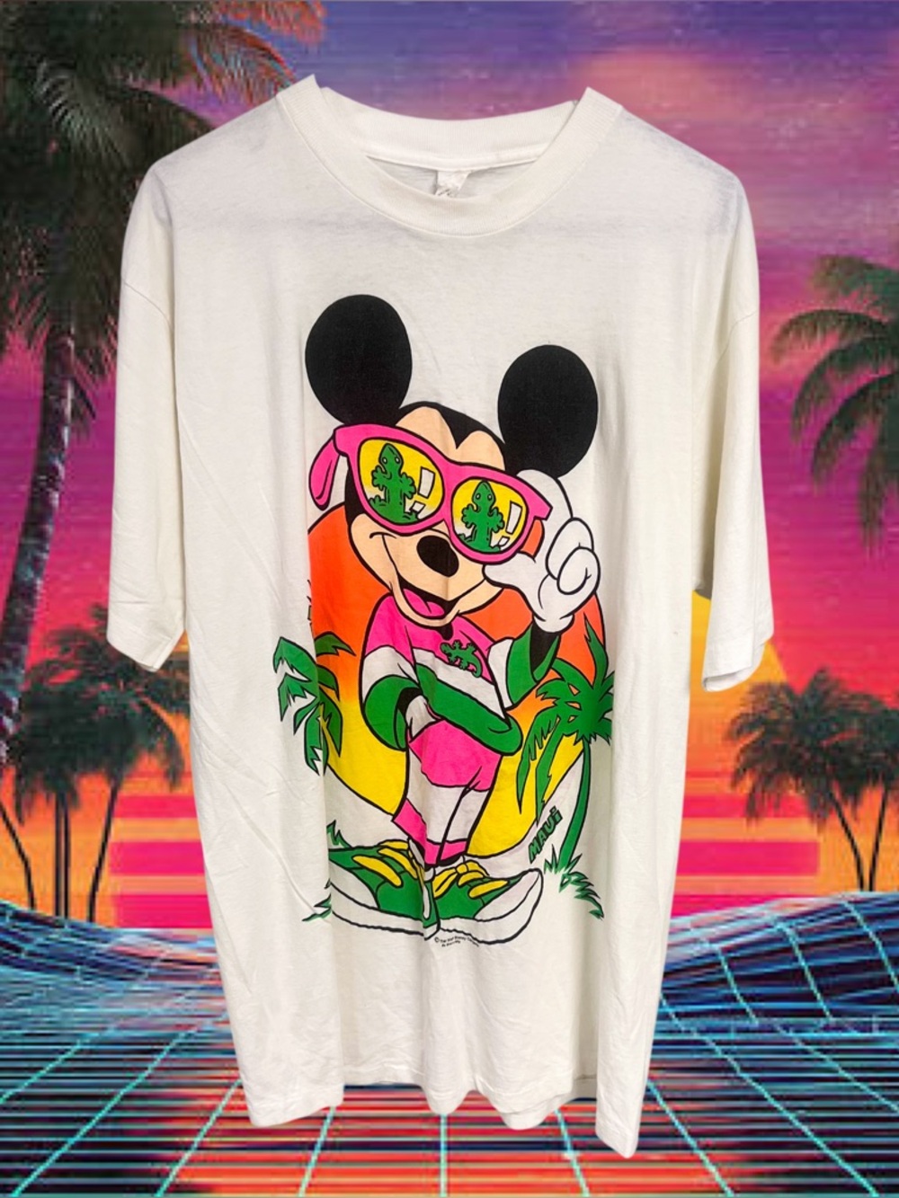 Vintage Sherry Mig white Mickey Mouse neon Maui beach tshirt dress
